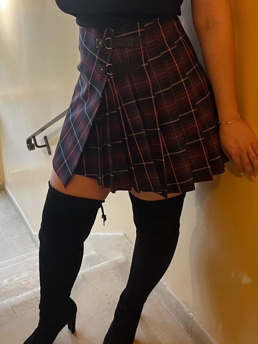 MAJE Jorisa Plaid Pleated Mini Skirt with Buckle Detail - Burgundy/Black